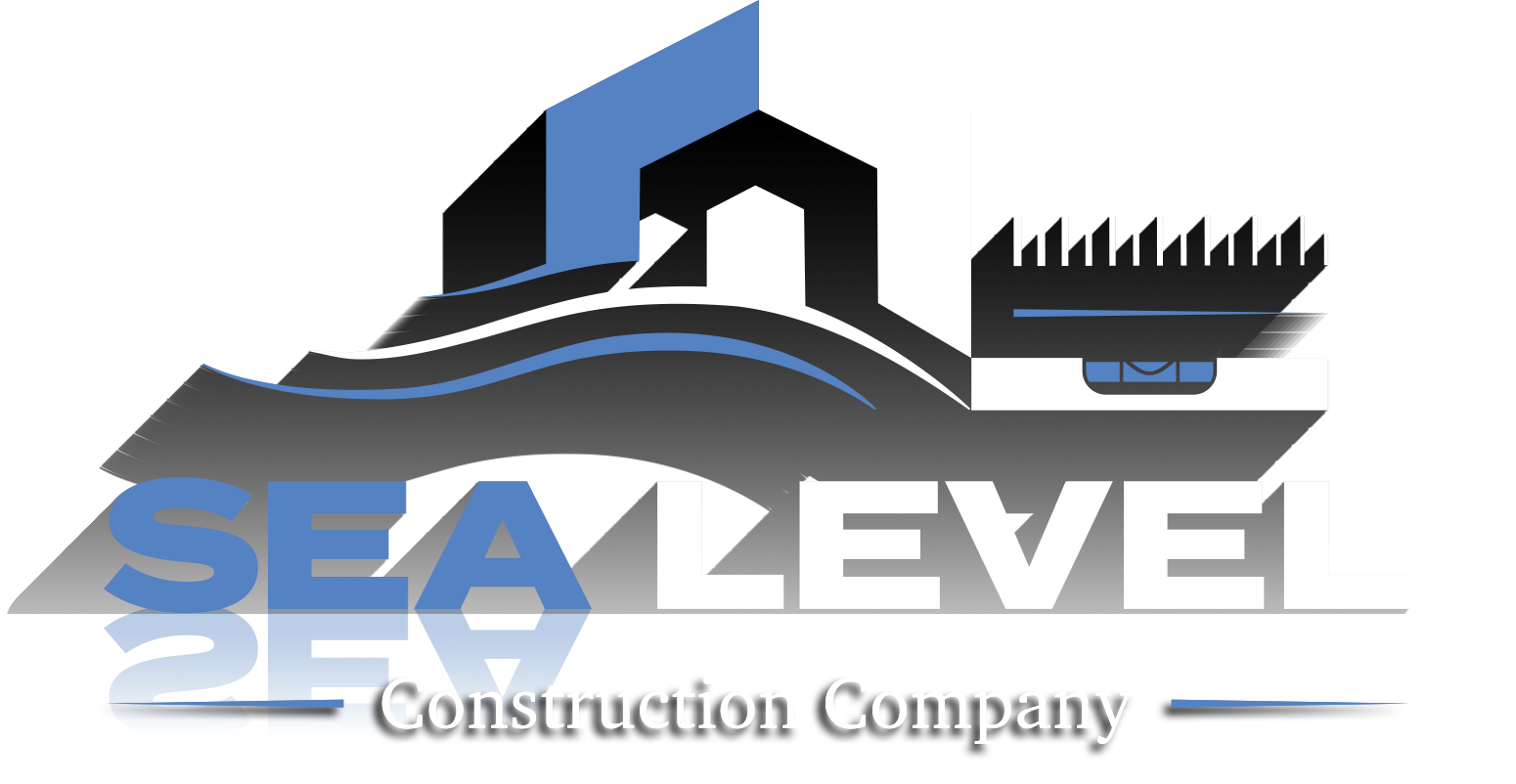 Logo for Sea Level Construction Company featuring a stylized building, water waves, and construction elements in black, white, and blue.