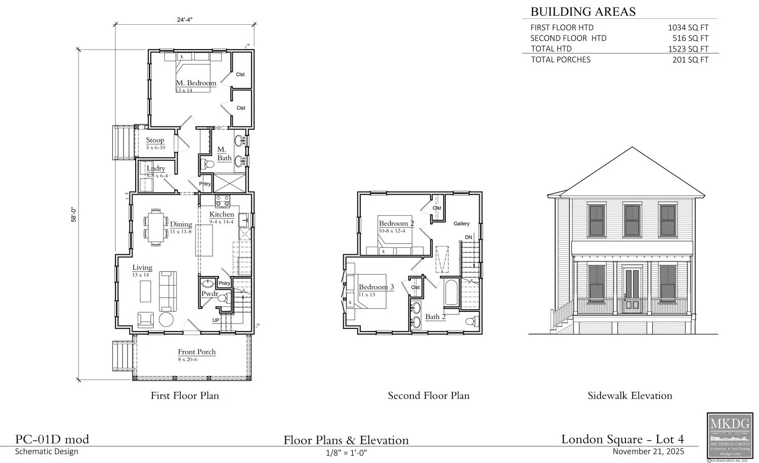 Floor plan drawing of a two-story house with labeled rooms, dimensions, and an exterior side view elevation of the house.