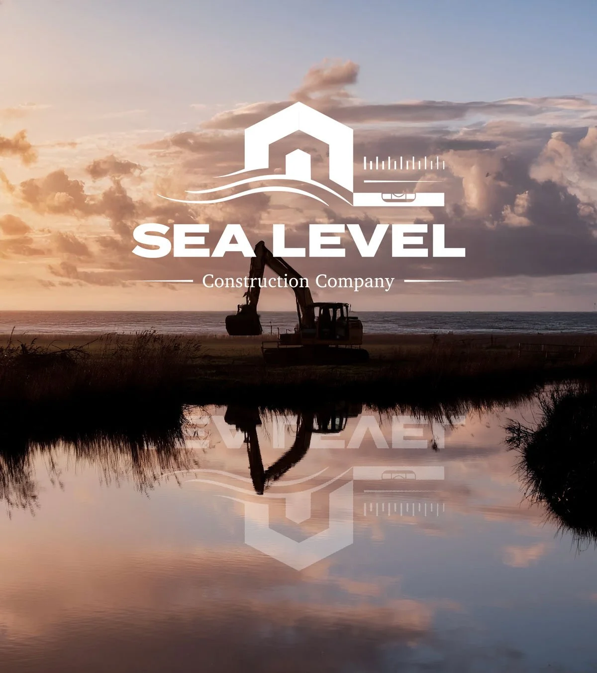 Sunset over the ocean with construction equipment and a logo for Sea Level Construction Company, showing a house, waves, and construction tools.