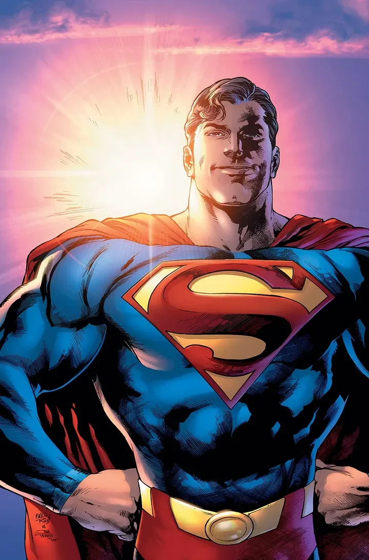 Illustration of Superman with a glowing sun behind him, smiling confidently, wearing his iconic costume with the red 'S' emblem on his chest and a cape.