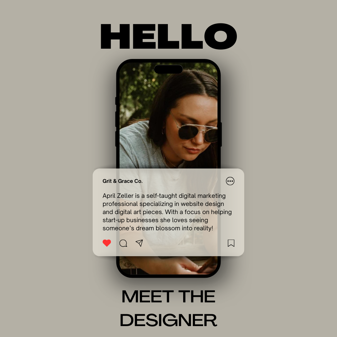 A graphic design featuring a smartphone displaying a photo of a woman with dark hair, sunglasses, and a gray shirt, surrounded by a beige background with the text "HELLO" at the top and "MEET THE DESIGNER" at the bottom.