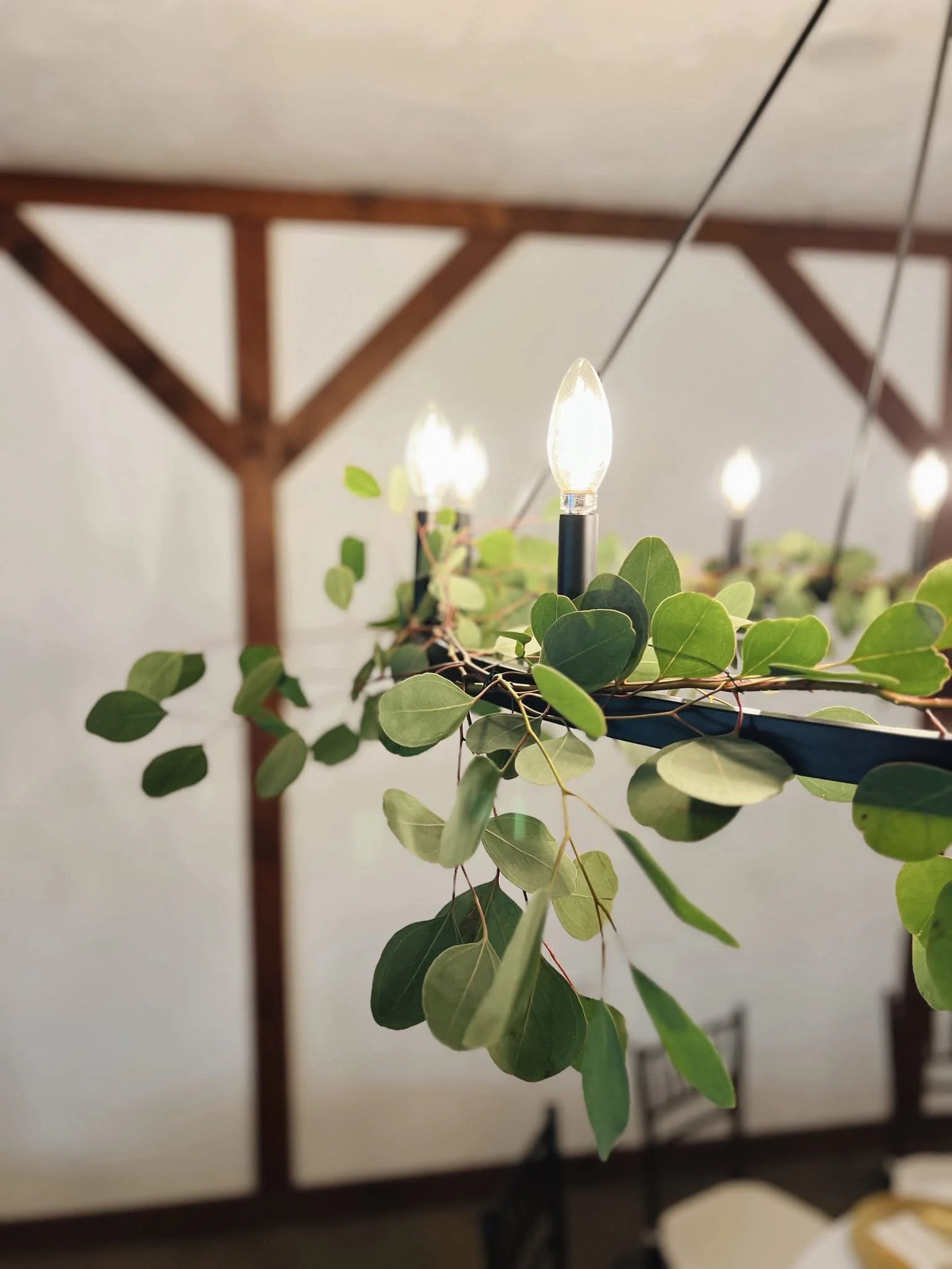 Close-up of a decorative hanging chandelier with green leaves and small light bulbs, mounted on a wooden structure, with a blurred interior background.