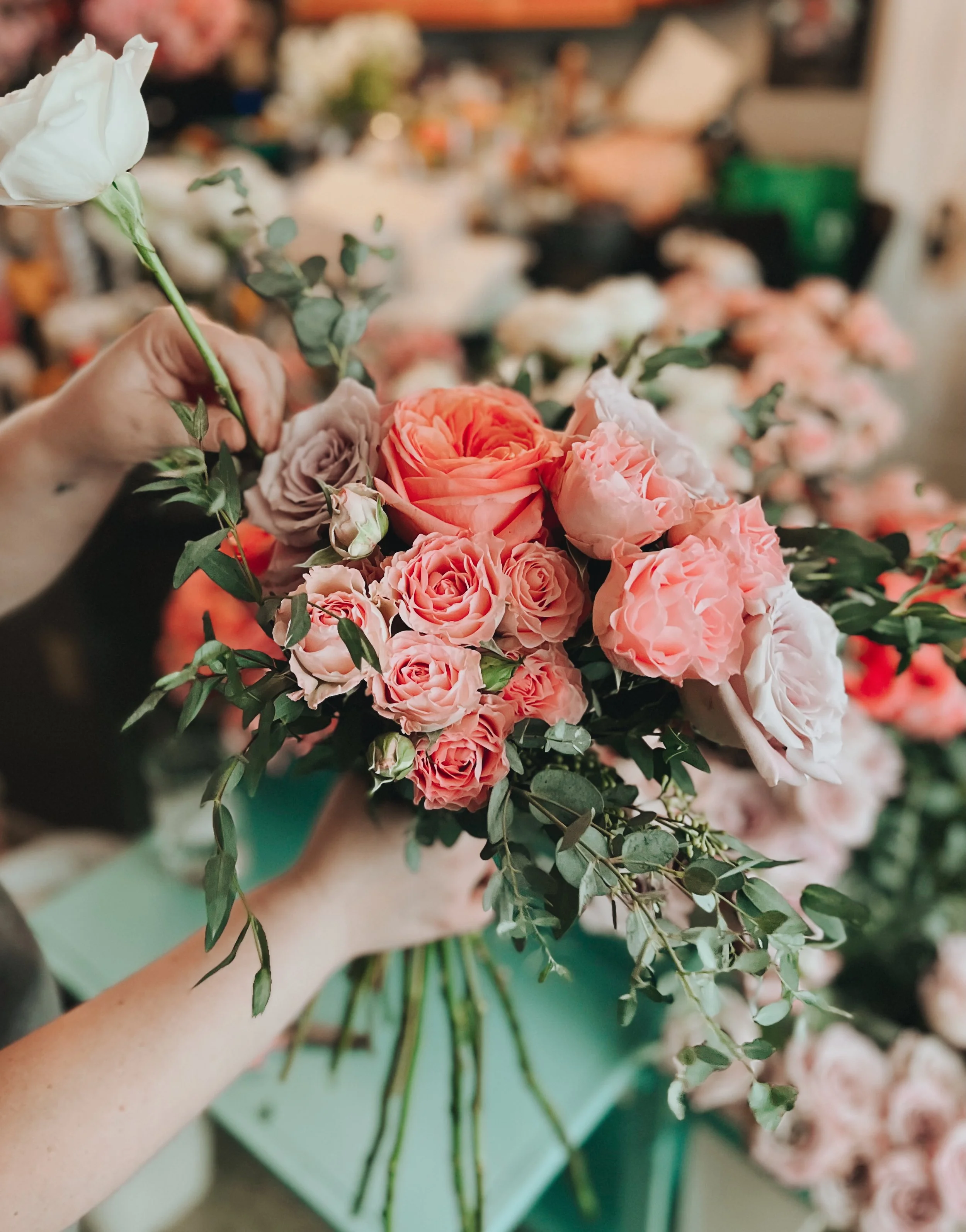 Person arranging a bouquet of pink and white roses with greenery in a flower shop.