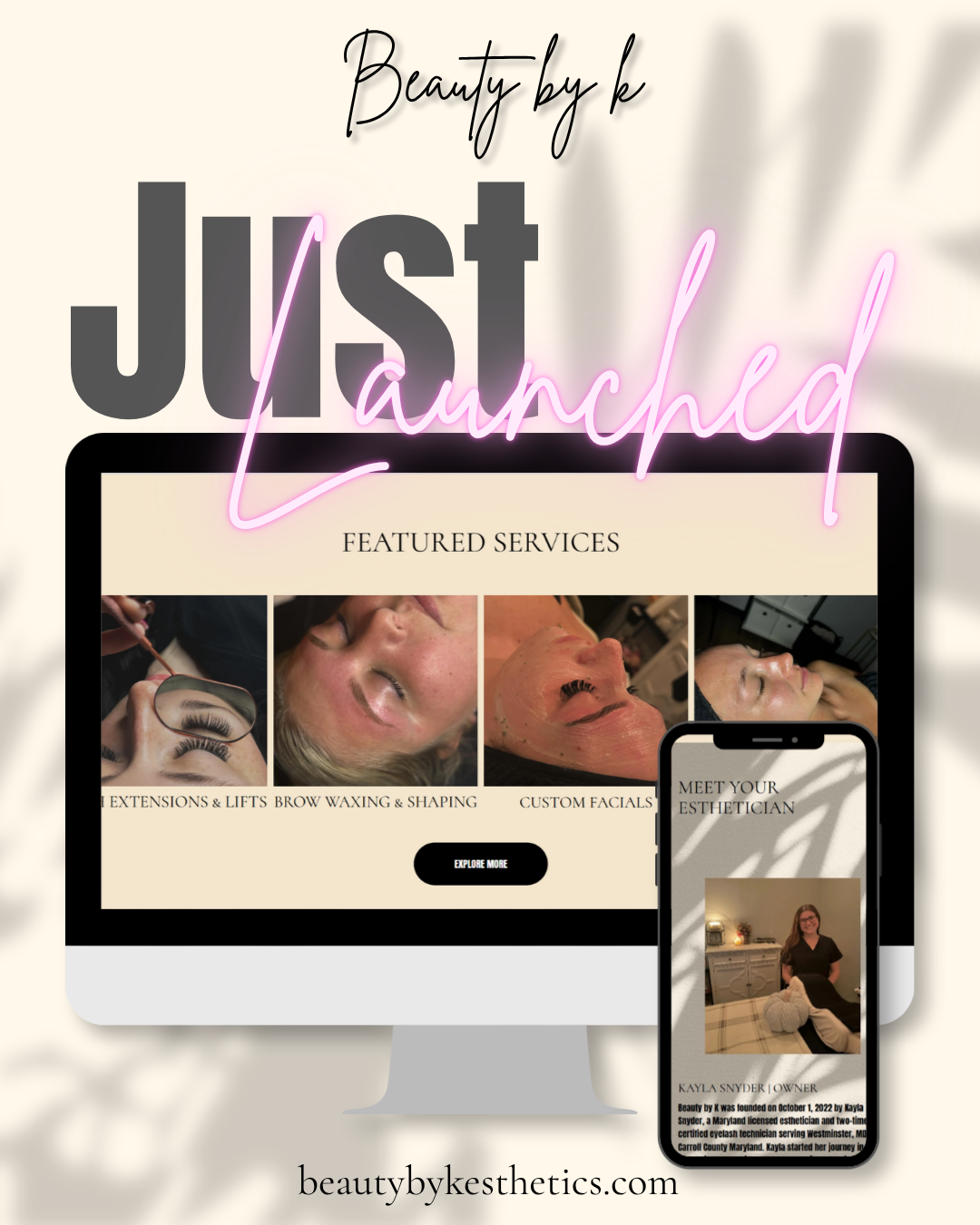 Website design "just launched" graphic for local esthetician by local designer in westminster md