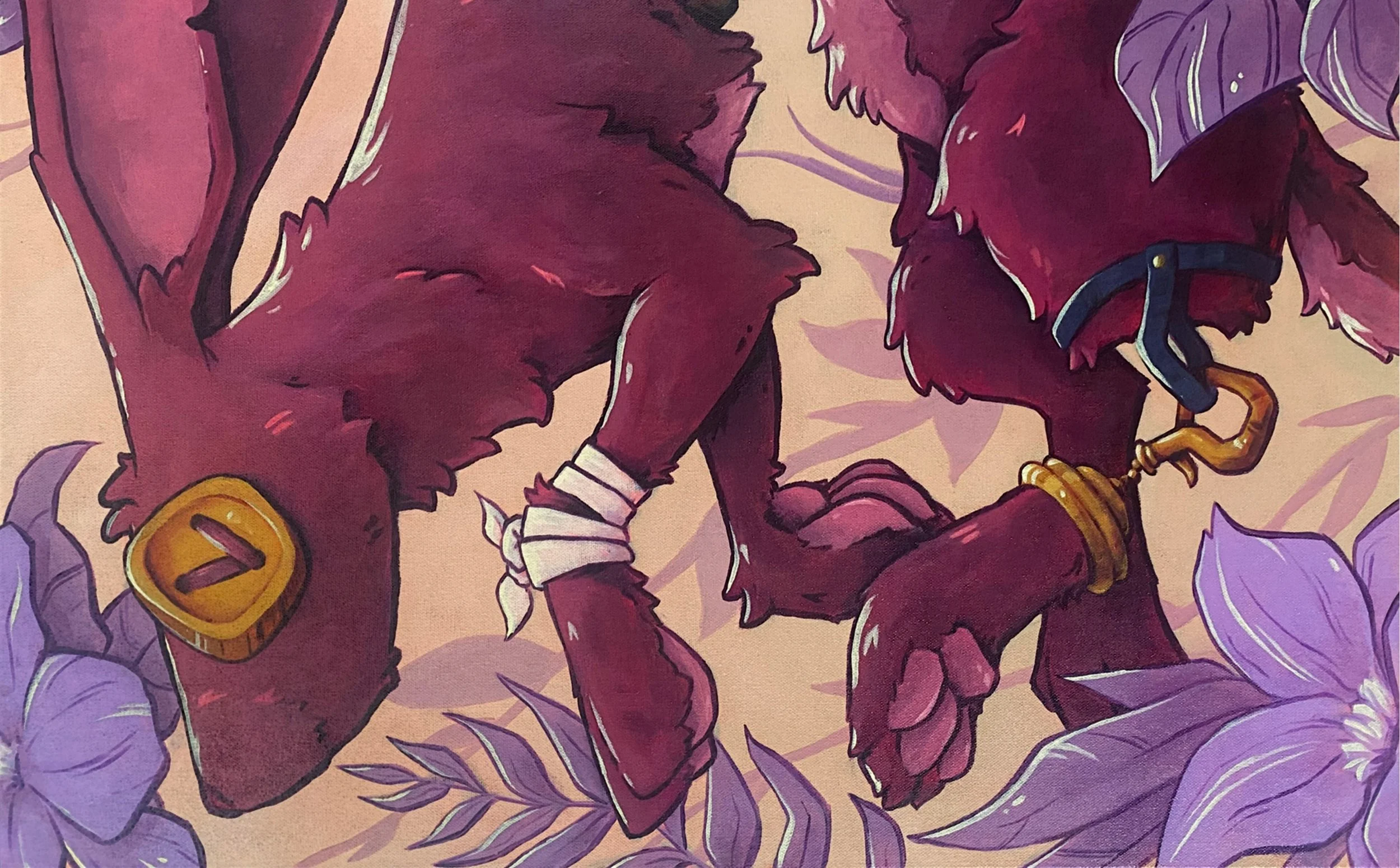 Close-up of painting featuring rabbit with bandaged front paw and attached lucky rabbits foot, surrounded by purple flowers and foliage.