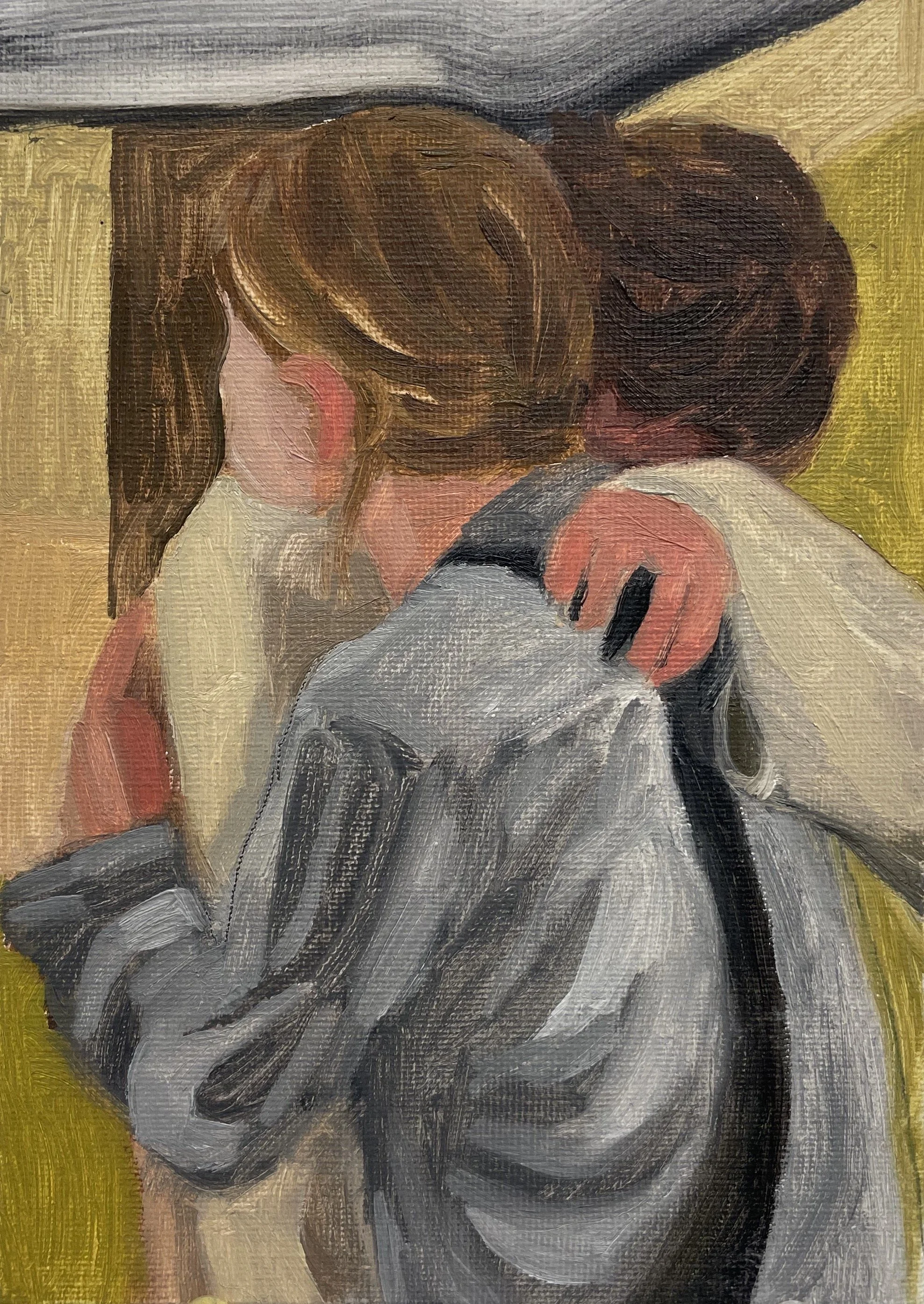 Hug at the gas station, 4 x 6 inches, oil on canvas board, 2025