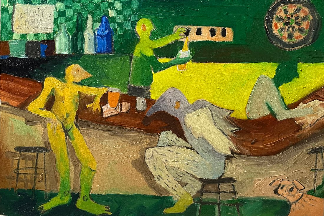 Bar scene, oil on wood, 6 x 9", 2023