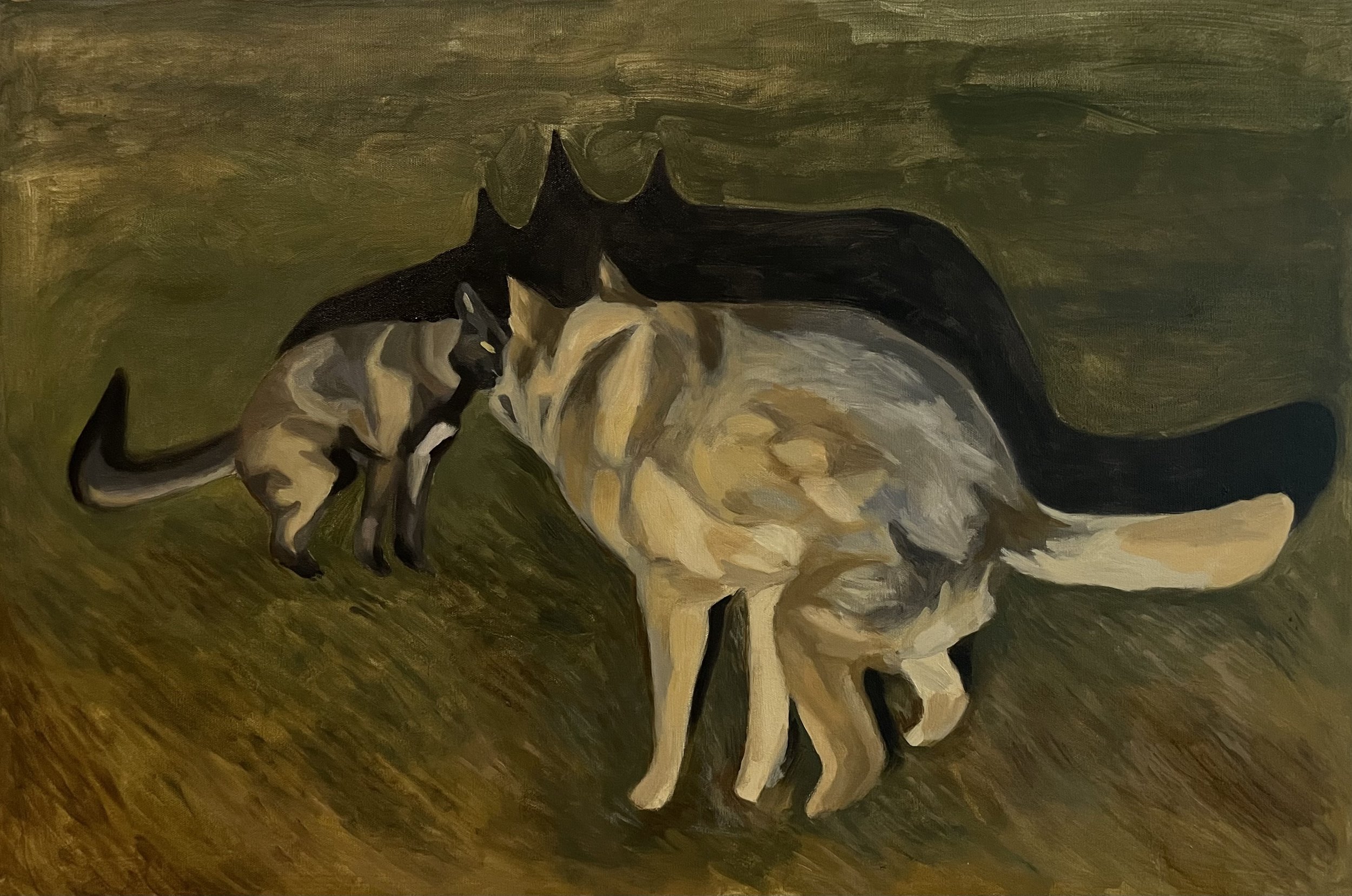 Dogs gotta be dogs, oil on canvas,  20 x 30 inches, 2026