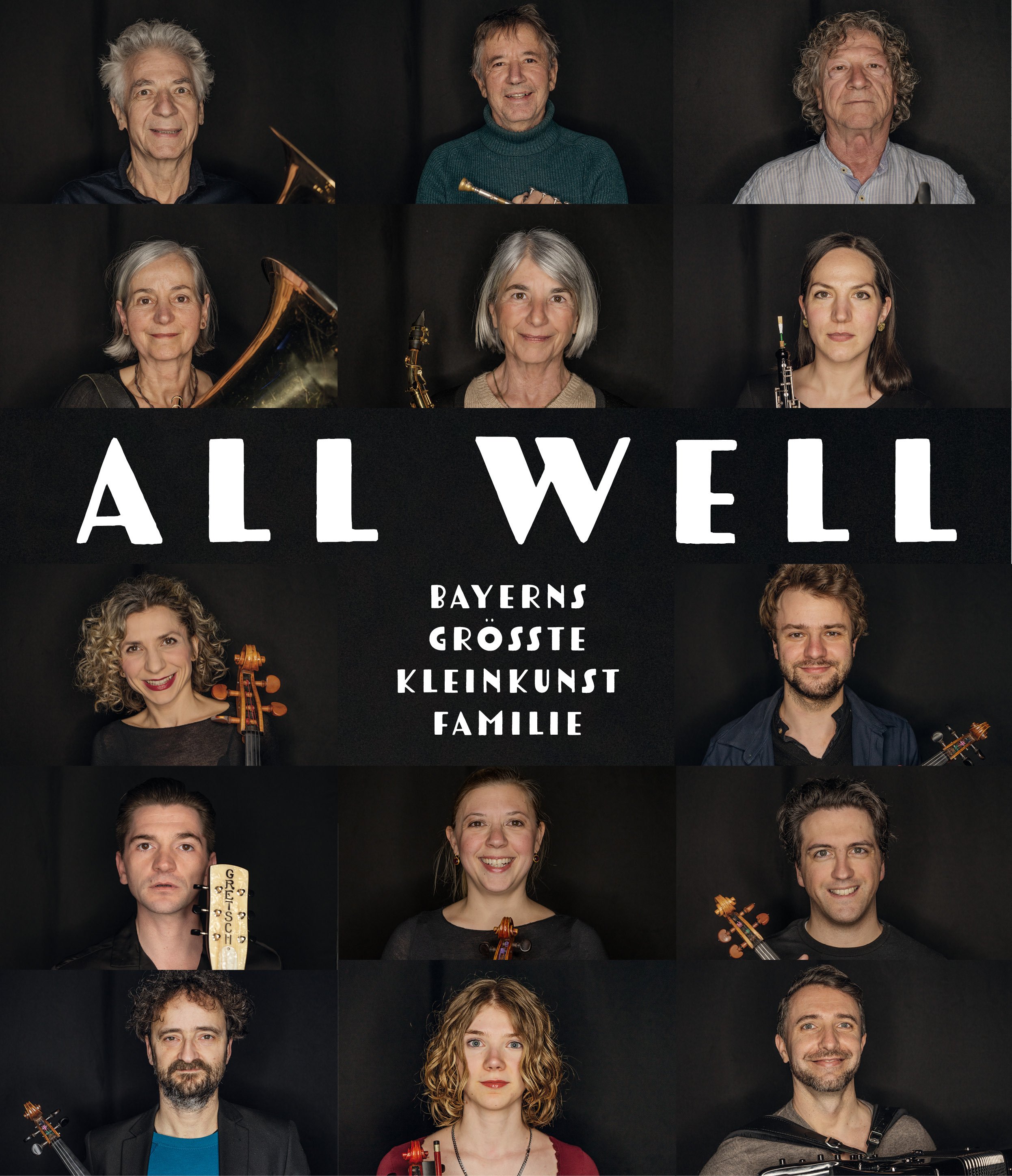 Collage of musicians from the Allwell Bavarian folk music ensemble, featuring portraits with violins and other instruments and the text “ALLWELL” and “Bayerns größte Kleinkunst Familie.”