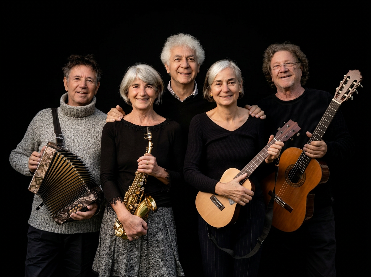 Five musicians posing against a black background with an accordion, saxophone, ukulele, and acoustic guitar