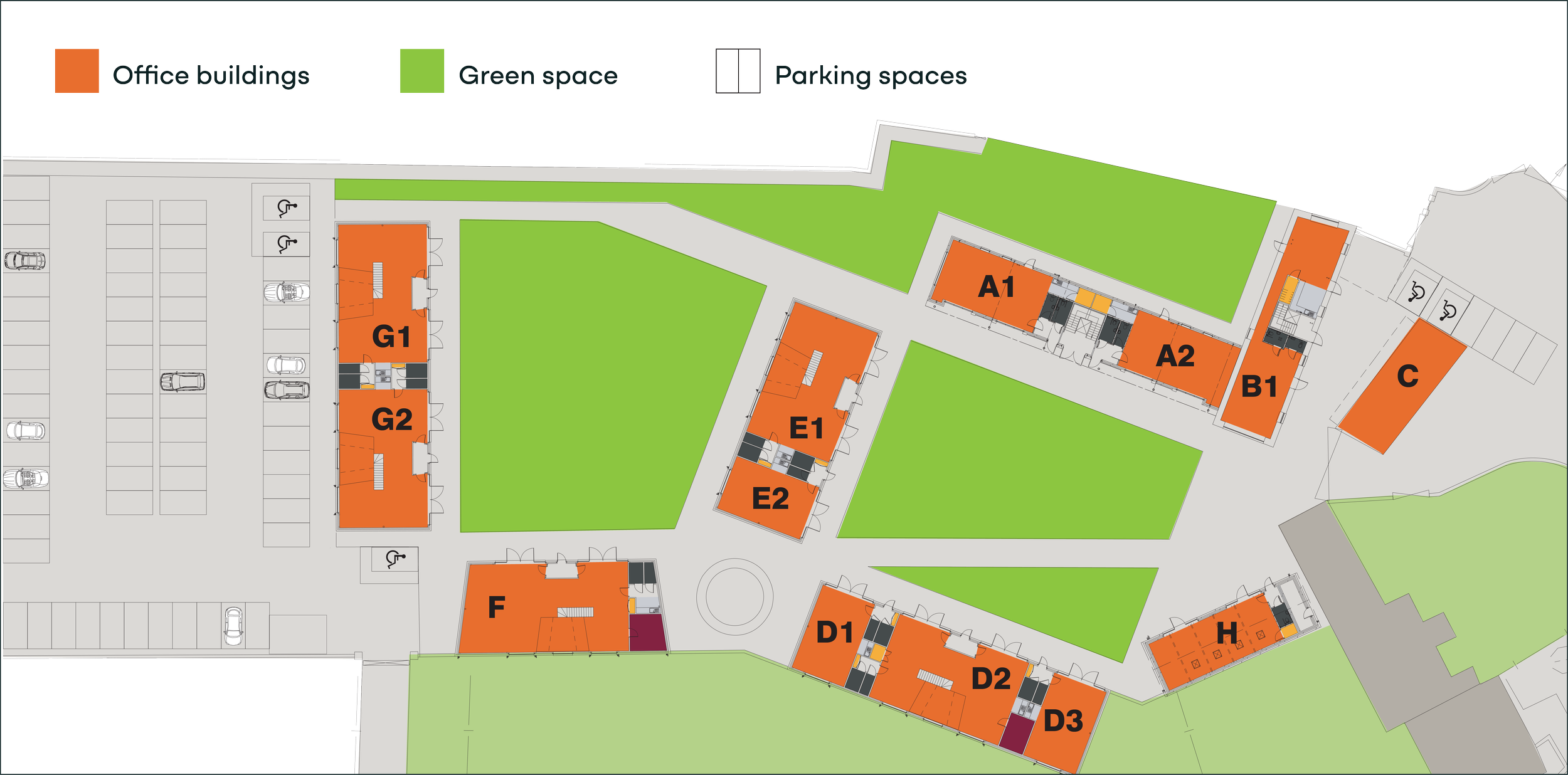 A site map of a the Prestwick Park office complex with labeled buildings, parking, and green spaces.