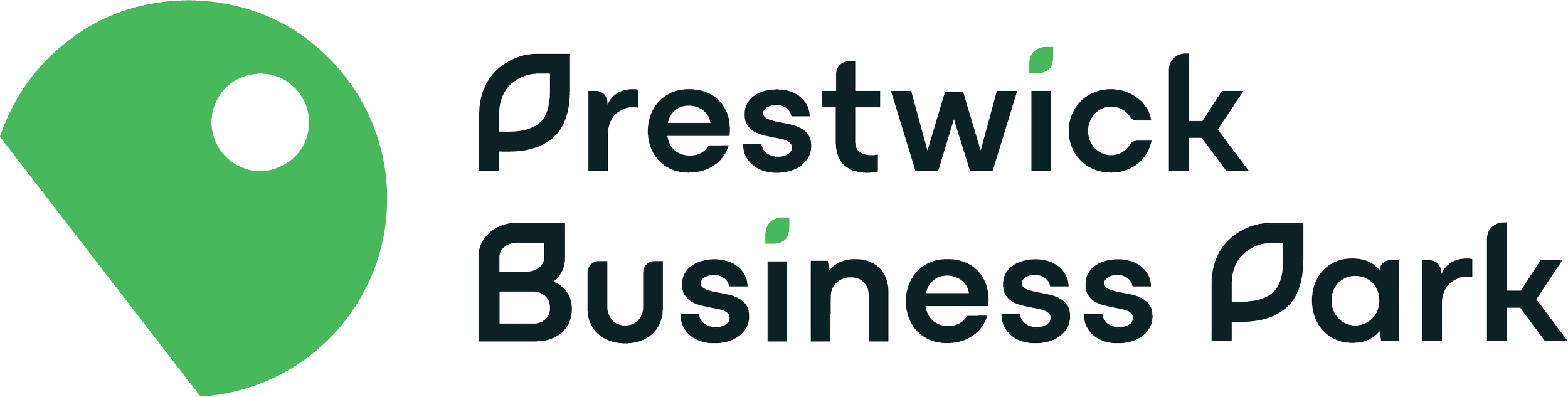 Logo of Prestwick Business Park featuring a green map pin icon