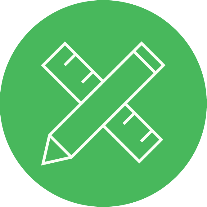 Icon of a pencil crossed with two rulers on a green circular background.