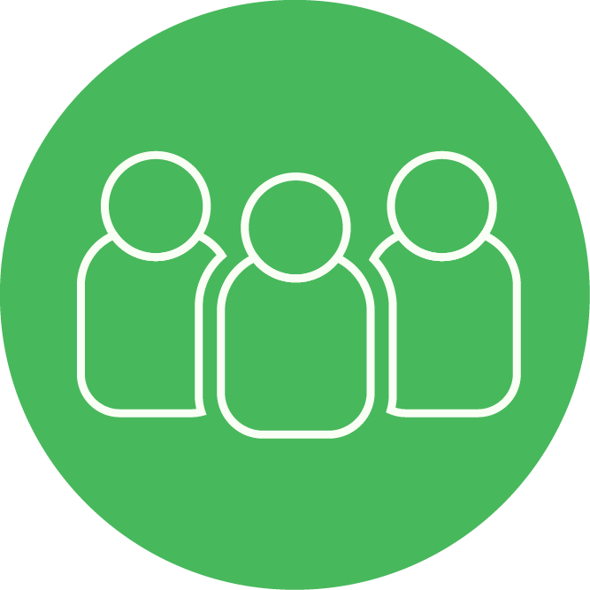 Outline icon of three people on a green circular background.
