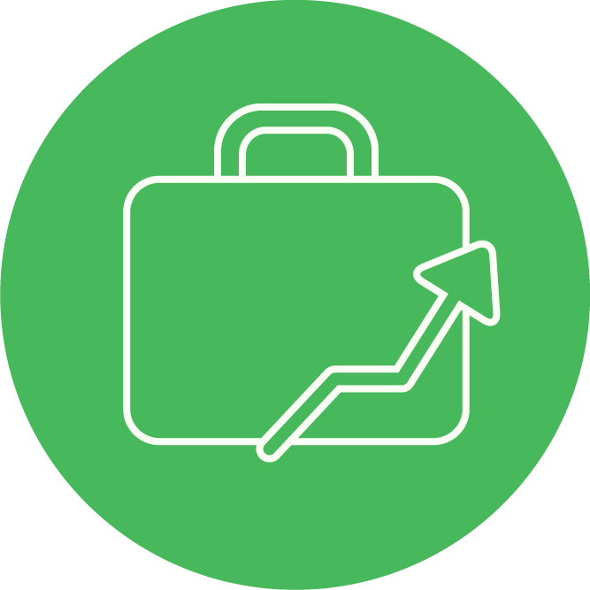 Line chart with an upward trend inside a briefcase icon on a green circular background.