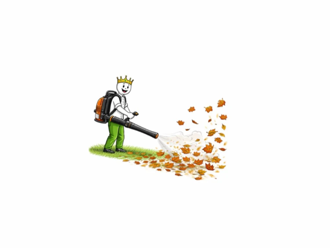 Une personne portant une couronne, une chemise blanche, un sac à dos et un pantalon vert, utilise un souffleur pour balayer des feuilles d'automne.