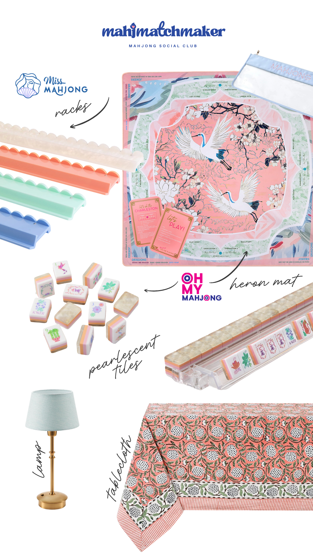 Spring and summer mahjong table: Oh My Mahjong Pearlescent tiles, Oh My Mahjong Heron mat, Miss Mahjong scalloped racks, a blue lamp and a coral block-print tablecloth