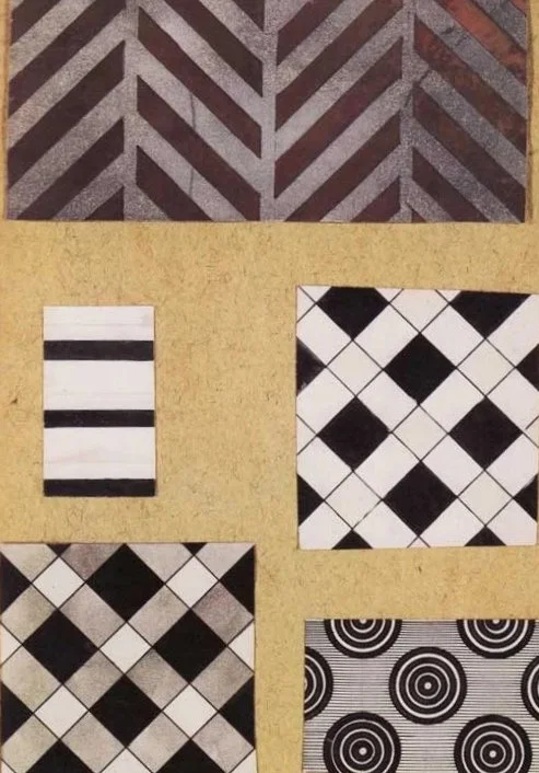 Assorted tiles with black and white geometric and checkered patterns on a yellow background.