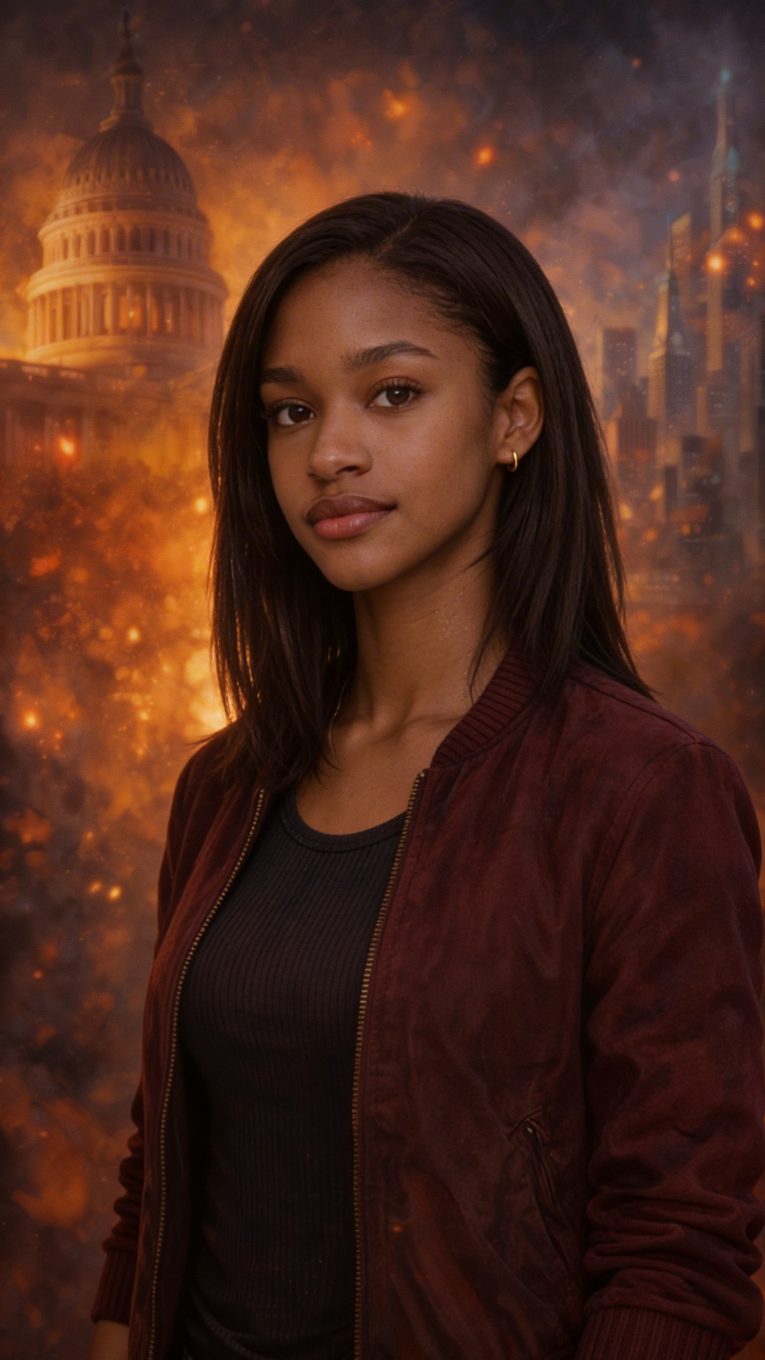 A young woman with medium skin and dark hair standing in front of a backdrop depicting a cityscape on fire, with thick smoke and flames near the U.S. Capitol building and skyscrapers