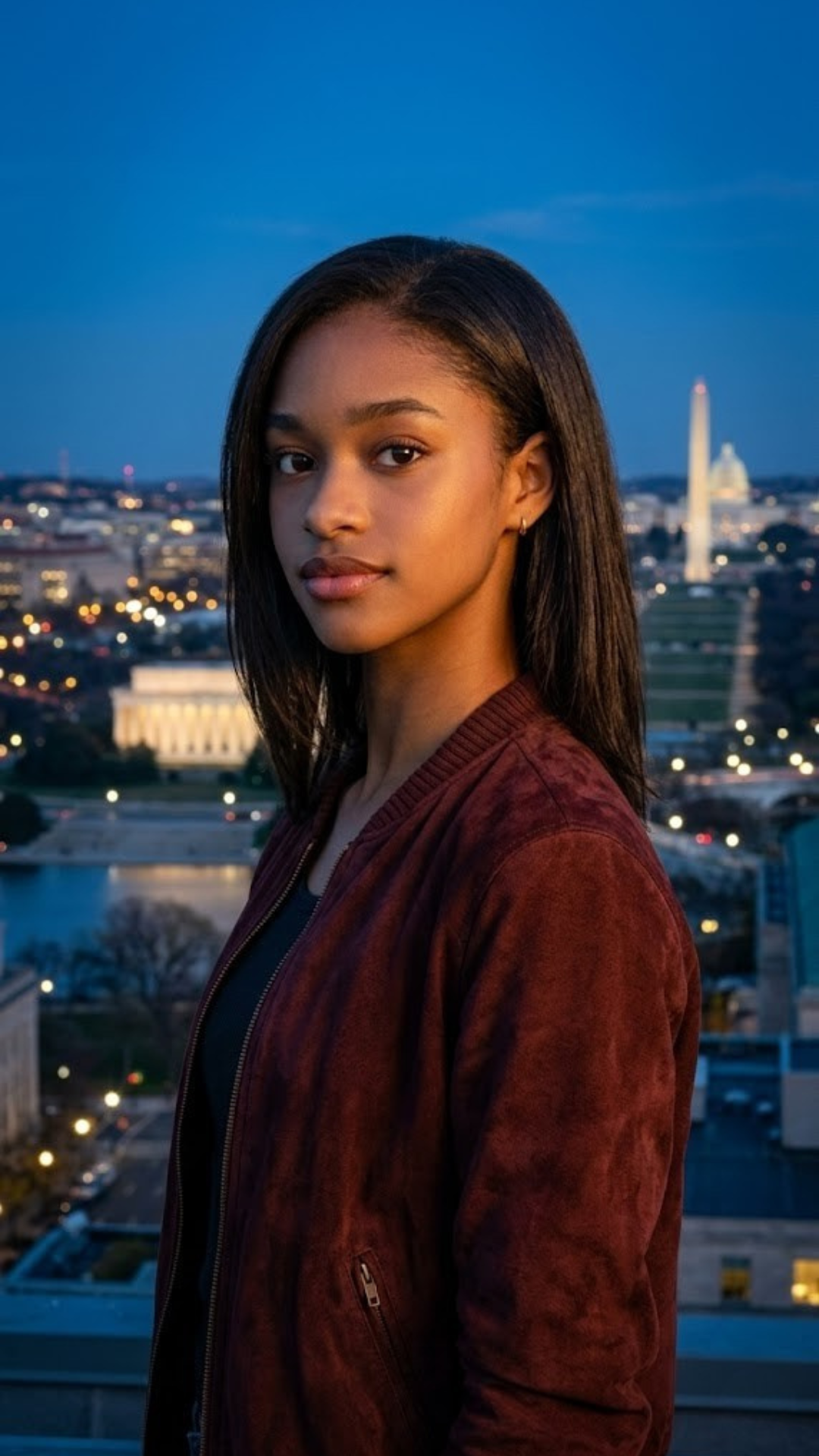 A young woman standing outdoors at dusk with the Washington D.C. skyline, including the Washington Monument and U.S. Capitol, in the background.
