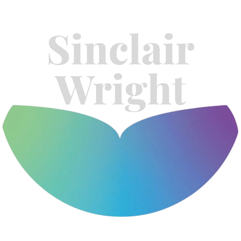 A logo with the text 'Sinclair Wright' above a colorful semicircular shape in gradient shades of green, blue, and purple.