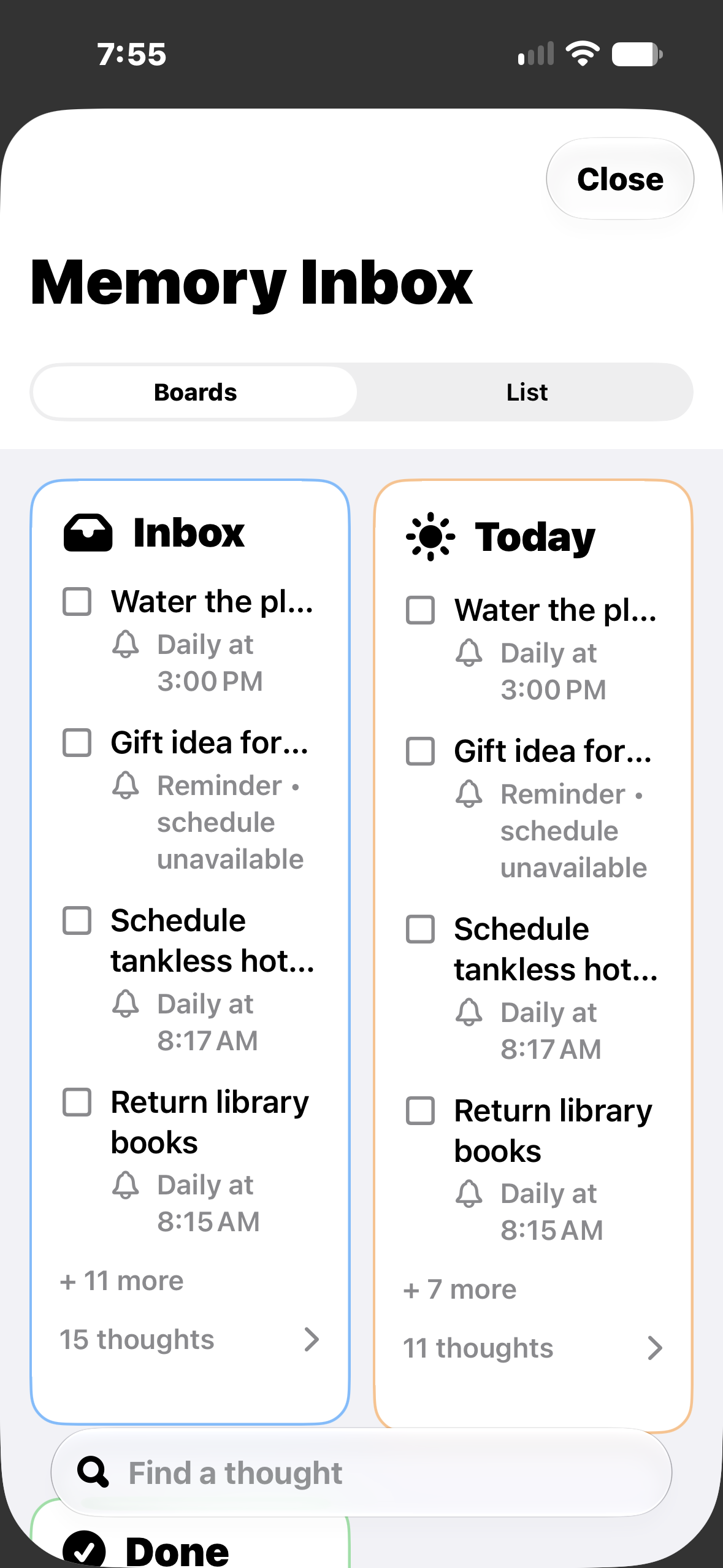 Mobile phone screen displaying a digital memory inbox app with two sections labeled 'Inbox' and 'Today'. List of reminders includes watering plants, gift ideas, heating schedule, and returning library books, each with scheduled times and notification icons, on a white background.