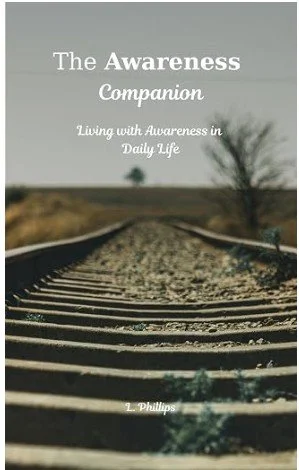 Book cover titled 'The Awareness Companion' with subtitle 'Living with Awareness in Daily Life' by L. Phillips, featuring a blurred train track and countryside landscape.