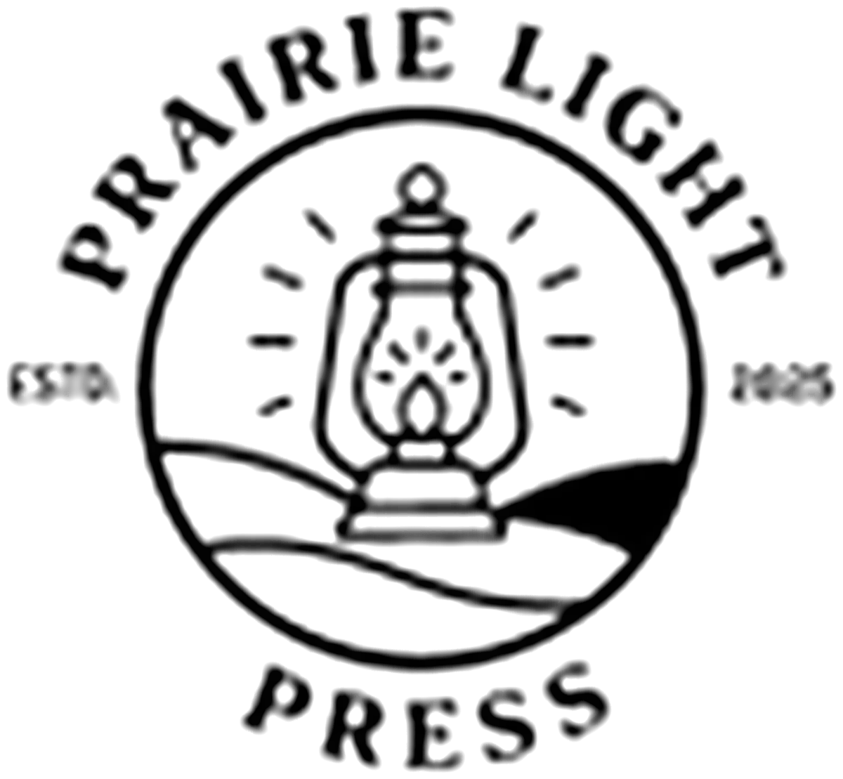 A circular logo with a lantern in the middle and the words "Prairie Light Press".