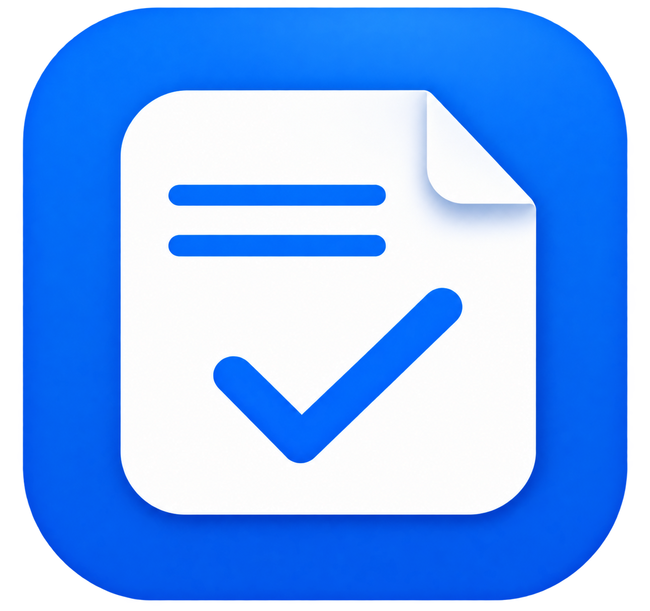 A blue icon with a white paper document, a blue checkmark, and two horizontal lines representing text.