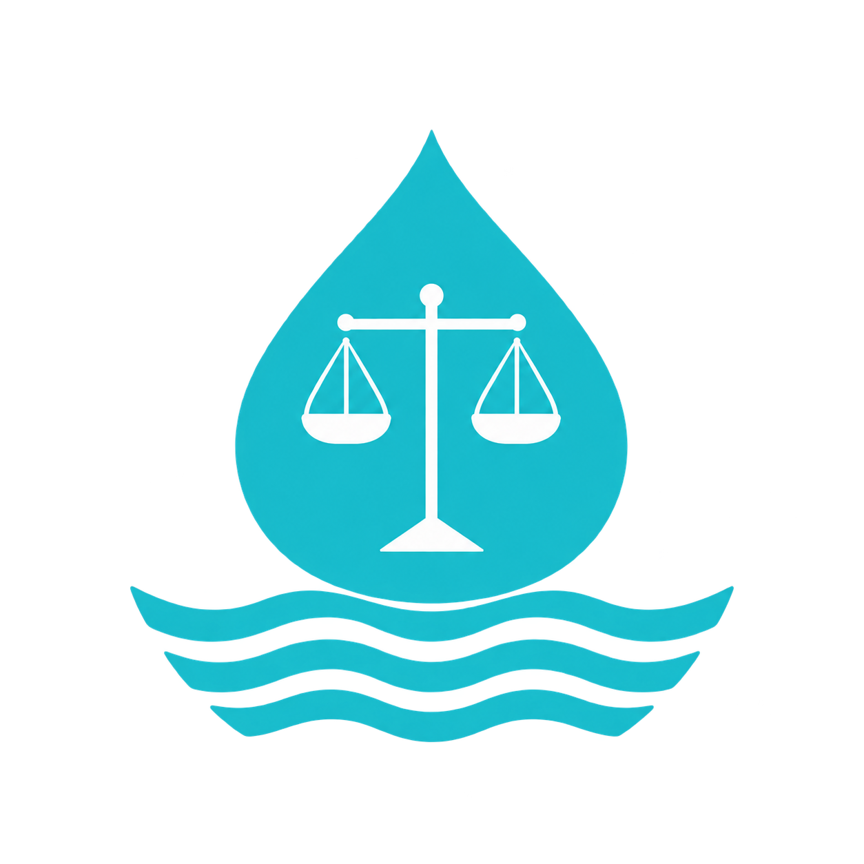 A blue water droplet with a white scales of justice symbol inside, floating above blue wavy lines.