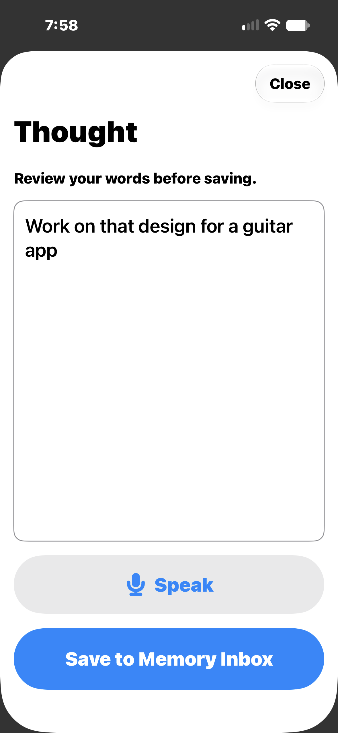 A mobile phone screen displaying the Voice Memos app with a note to work on a guitar app design, a microphone icon labeled 'Speak,' and a blue button to save to memory inbox.
