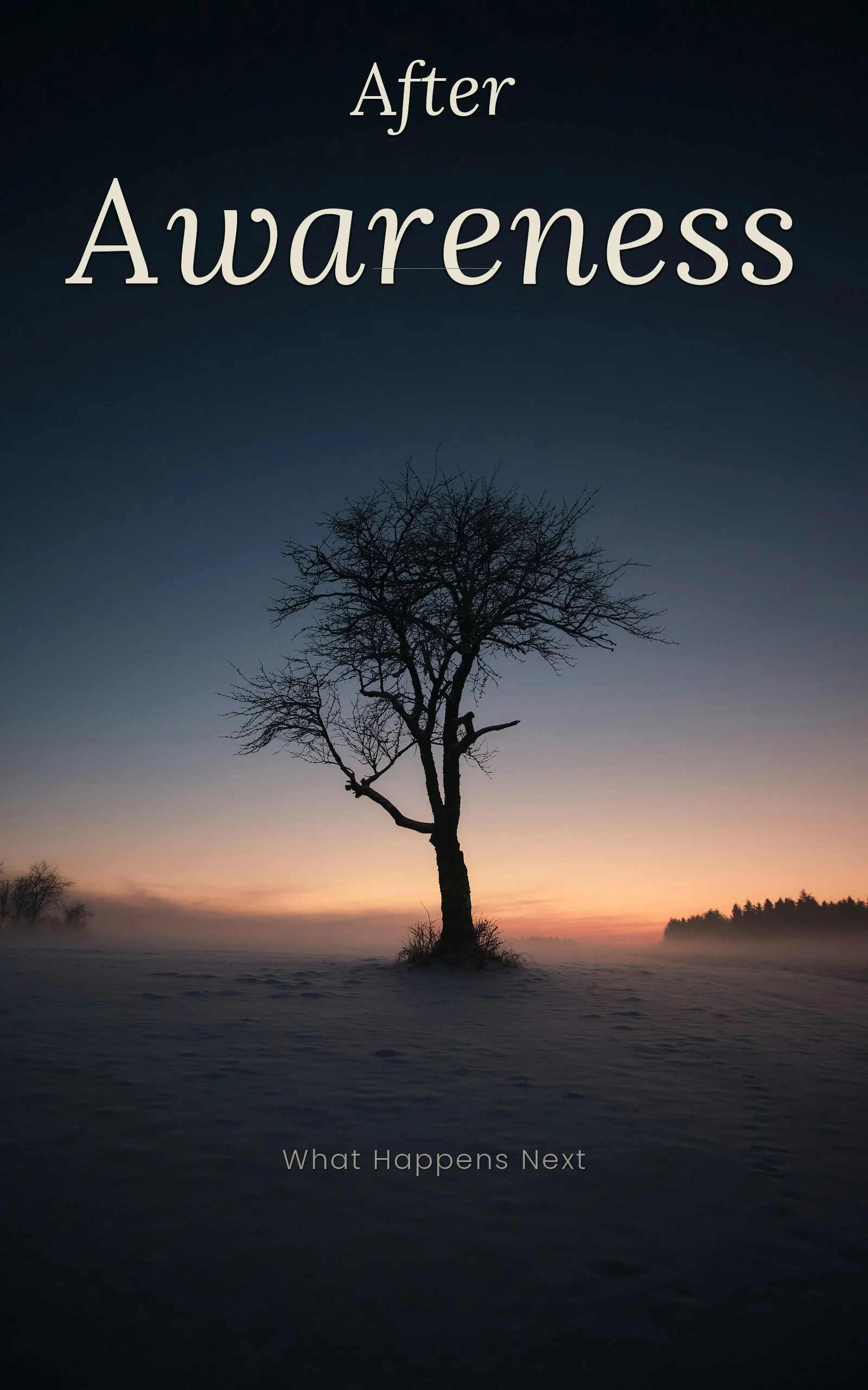 A solitary tree in a snowy landscape at dusk with the words 'After Awareness' and 'What Happens Next' superimposed.