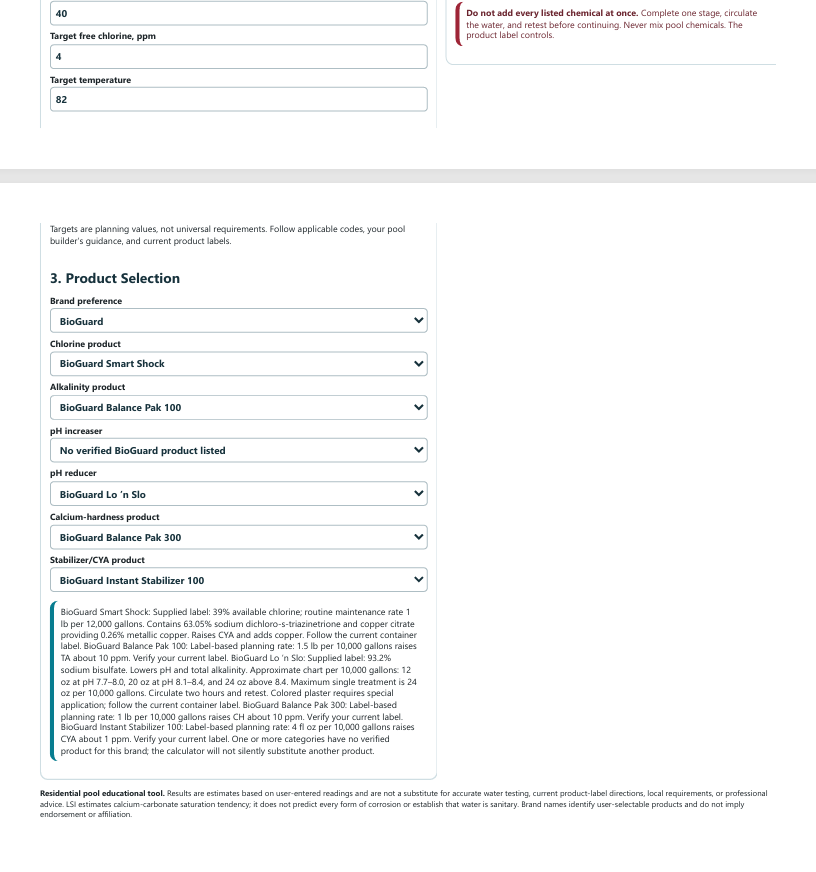 Screenshot of a pool chemical product selection webpage showing options for brand, chlorine product, alkalinity product, pH adjusters, calcium hardness, and stabilizer/cyanuric acid products. Includes product descriptions and guidelines for each.