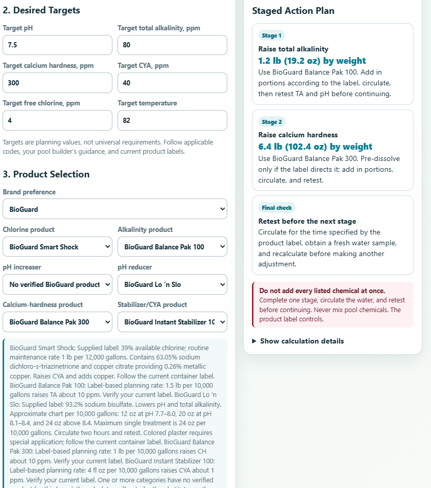 A detailed aquatic chemical management and product selection guide, outlining target water parameters, a staged action plan for adjusting alkalinity and calcium hardness, and specific product recommendations for pool water treatment.