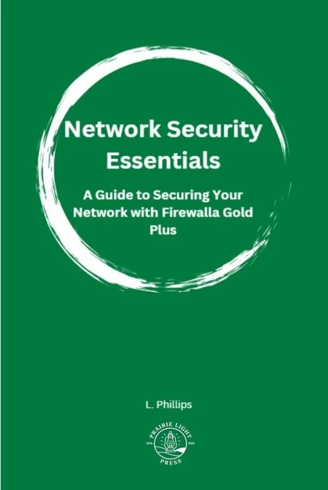 Book cover titled Network Security Essentials by L. Phillips, published by Prairie Light Press, with a green background and white circular brush stroke design.