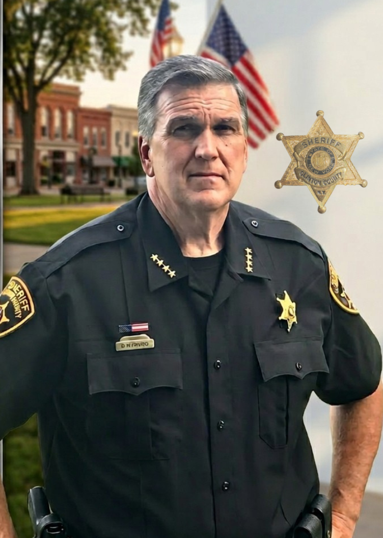 Sheriff Dave Favro standing outdoors in front of American flags and a building. The background shows a park or town square with trees and brick buildings.