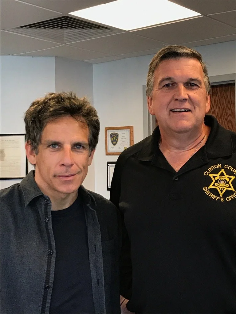 Sheriff Dave Favro and actor/producer Ben Stiller while shooting s TV Series about the Dannemora prison escape.