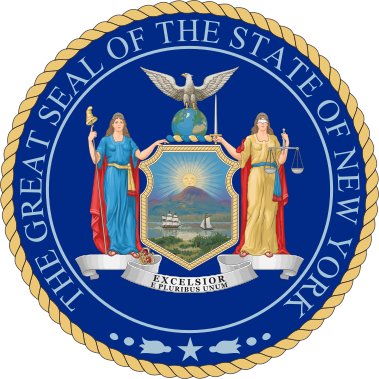 Seal of the State of New York featuring an eagle, two women with scales and a sword, a shield with a mountain and ships, and the motto 'Excelsior'.