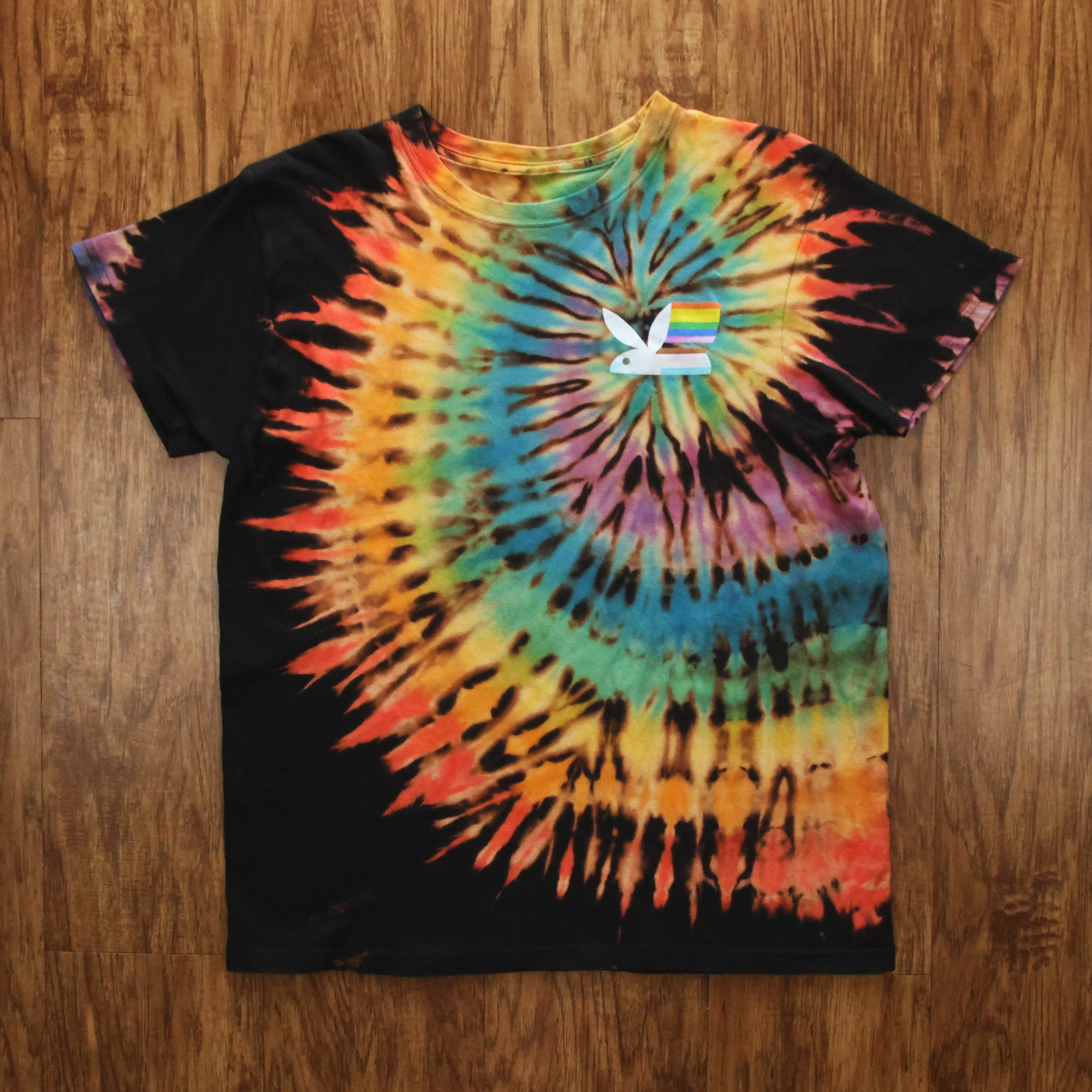 Playboy Bunny Reverse Rainbow Tie Dye Shirt | Hand-Dyed Graphic Tee | Size Medium