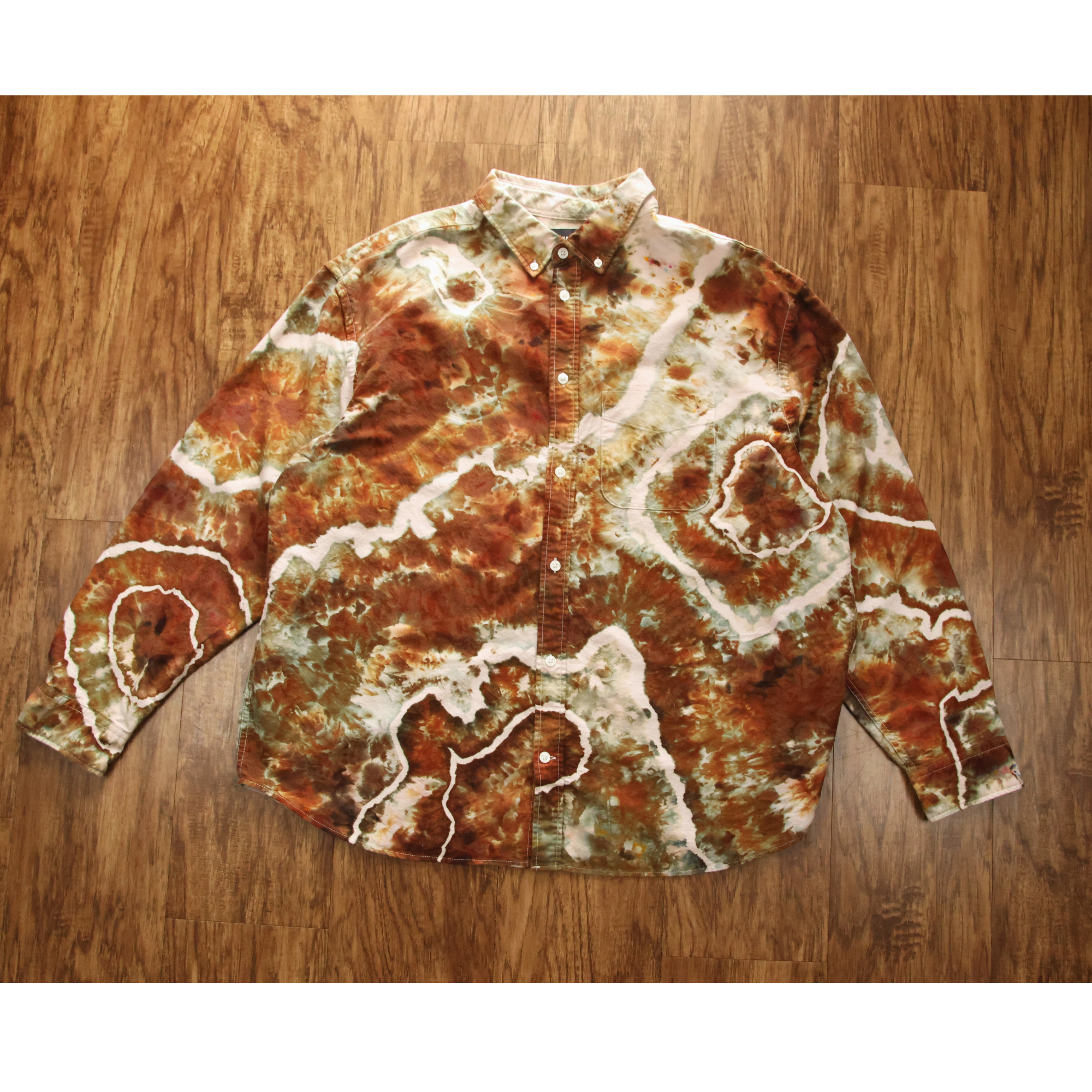 Rust & Moss Ice Dye Button Up Shirt | Hand-Dyed Long Sleeve Button Down | Size XL