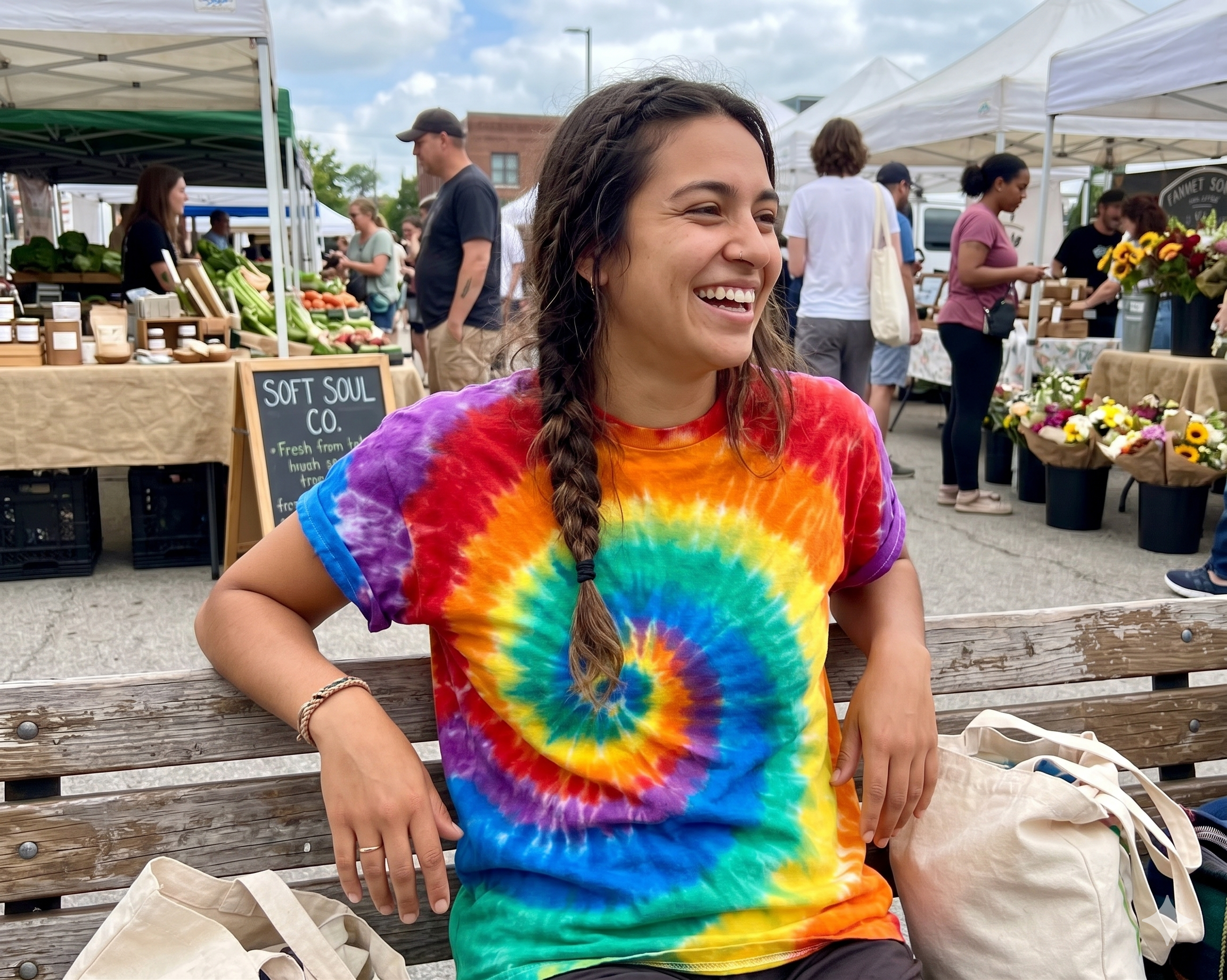 Off-Center Rainbow Tie-dye Shirt | Hand-Dyed Rework Tee | Size L