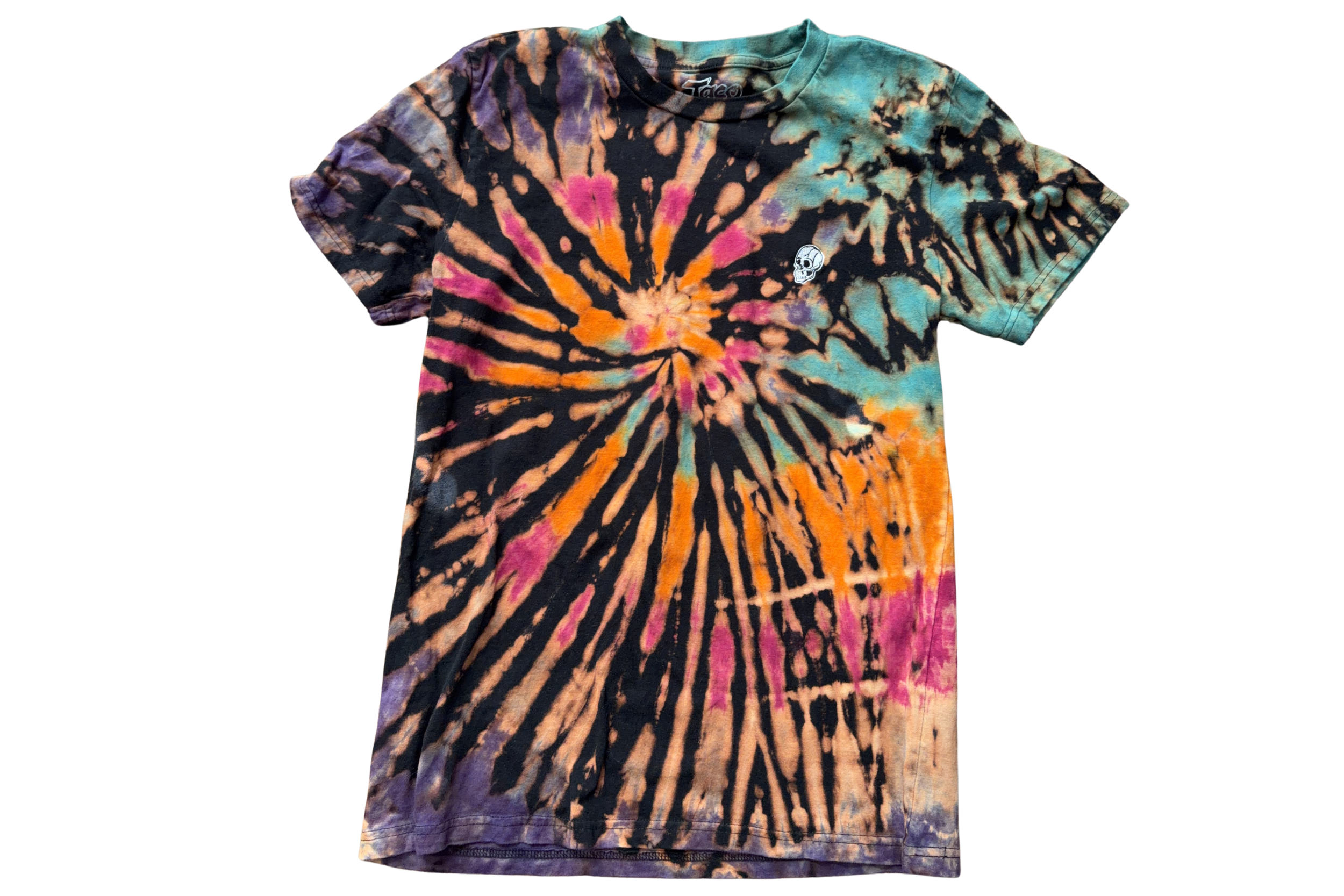 Reworked Bleach Dye Skeleton Camping T-Shirt | Sunset Spiral Tie-Dye Graphic Tee (Size M)