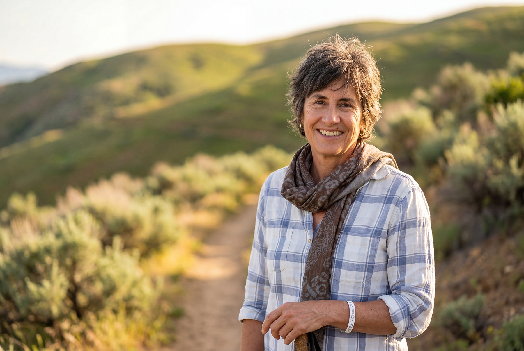 Portrait of Blaine County Clerk candidate Dawn Cieslik on a hike.