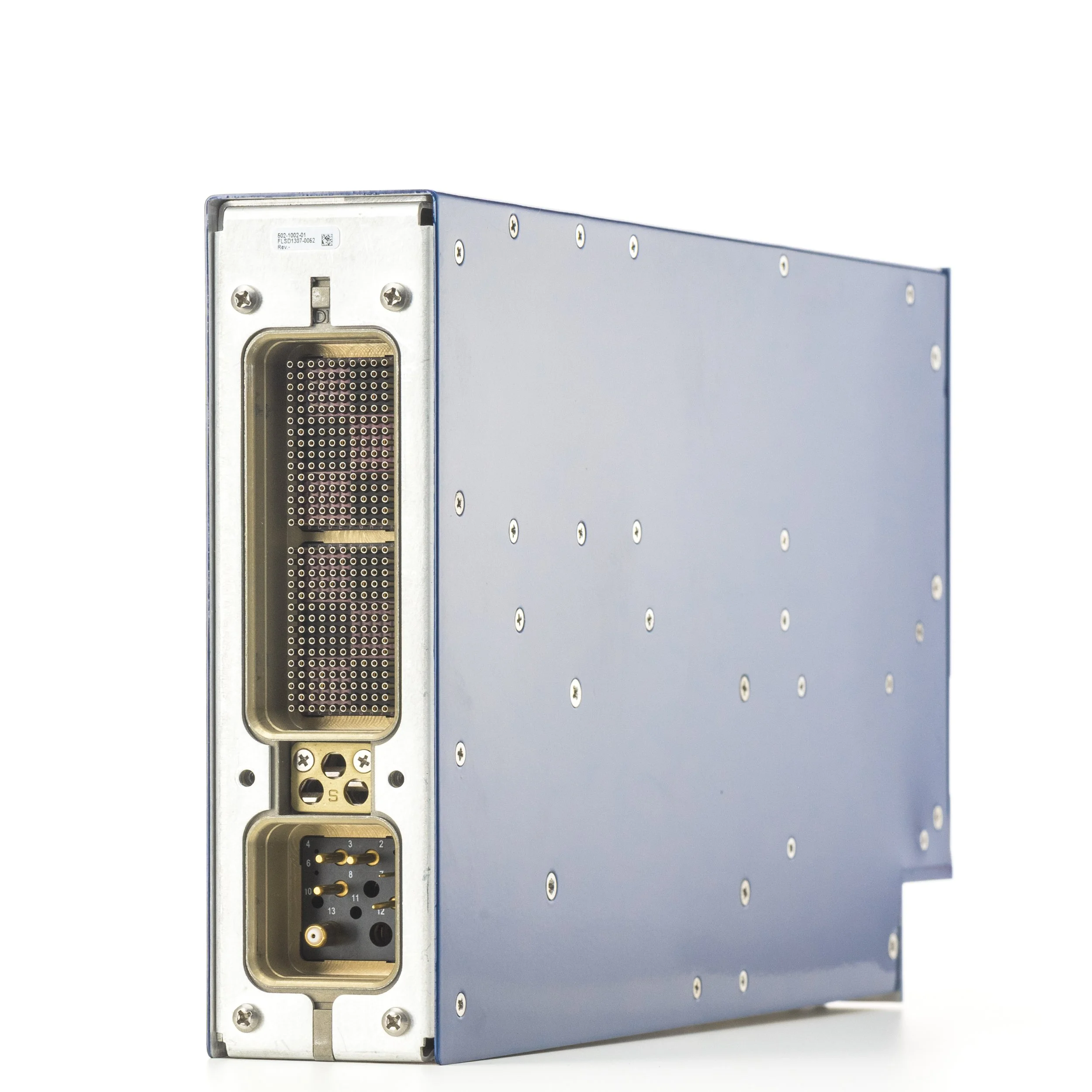 A close-up of a rectangular computer server with a metallic front panel and blue side panels, featuring an array of screws.