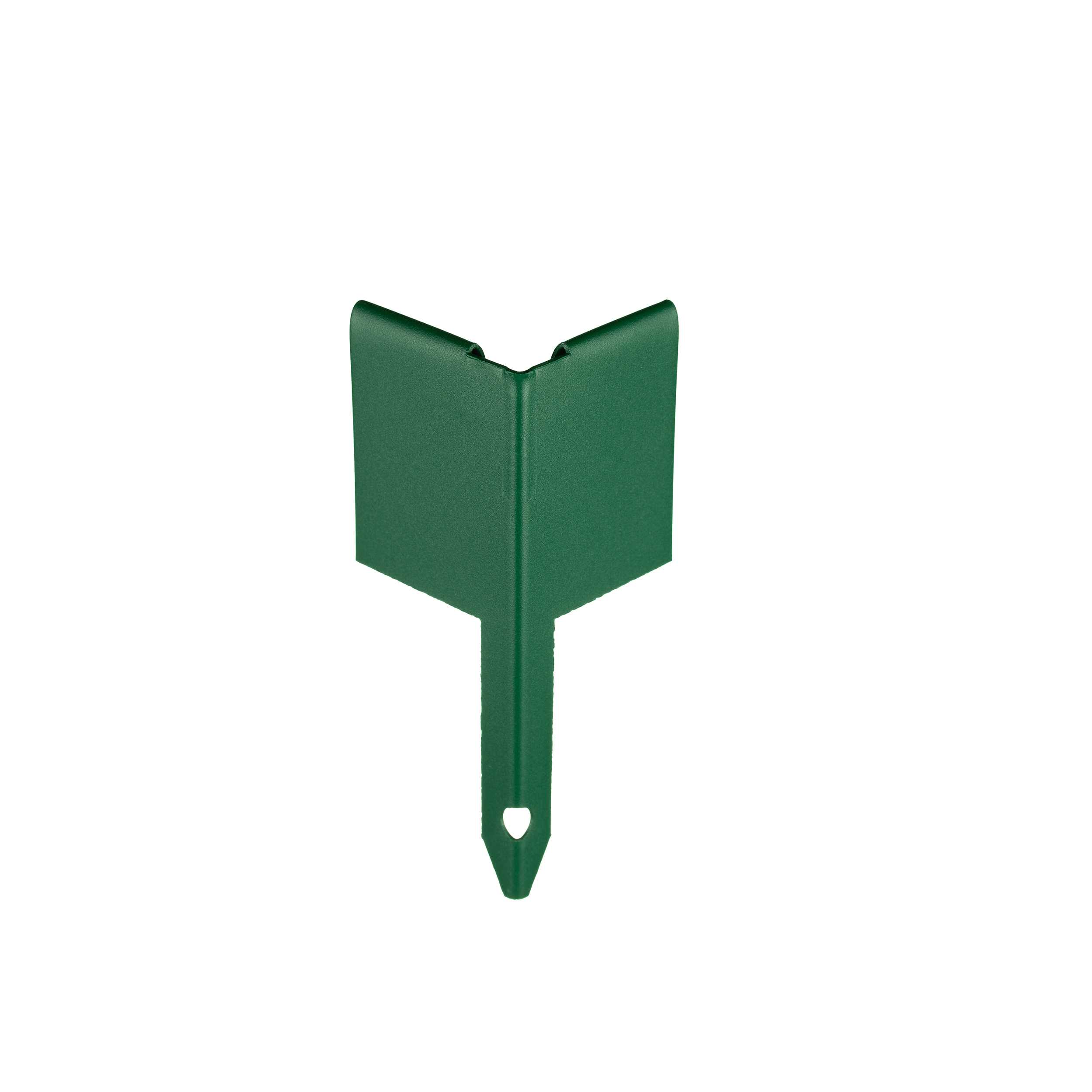 Green garden plant label tag with a pointed end and a slot for attaching to plants.