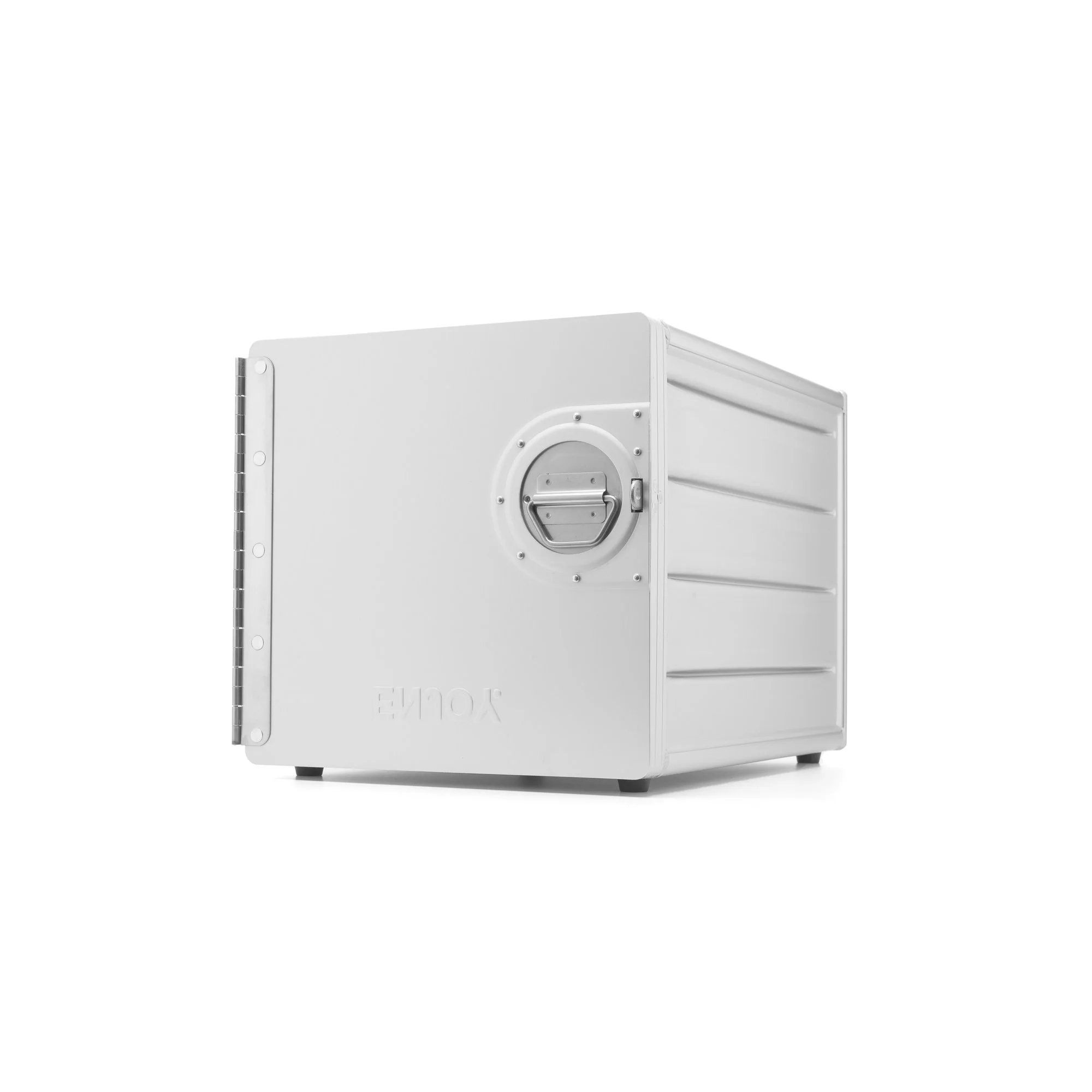 White subzero portable freezer with a round latch door and black feet on a white background.