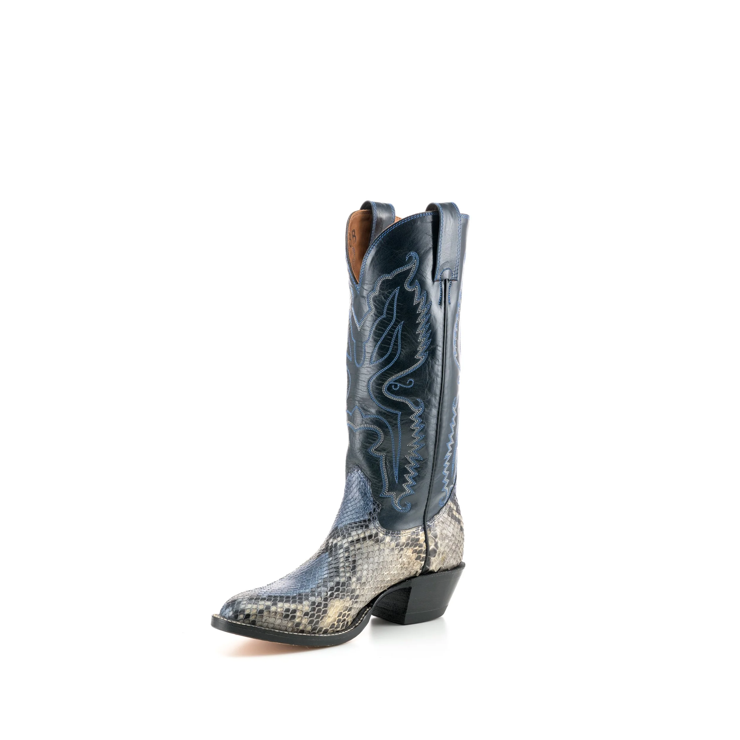 Western-style cowboy boot with a python-skin pattern on the toe and a blue leather shaft featuring an embroidered design.