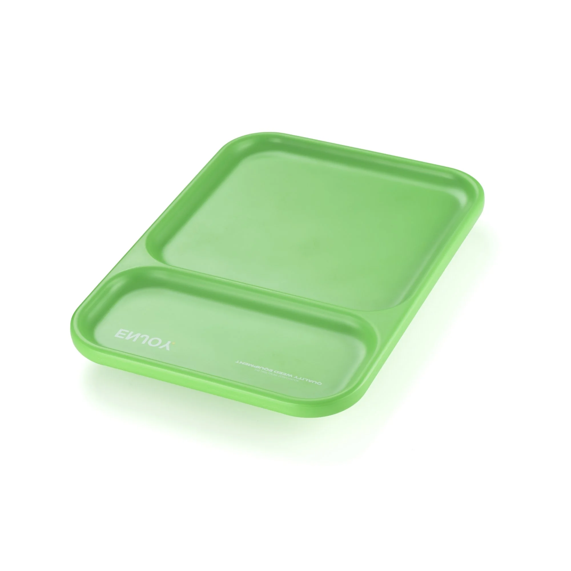 Green two-compartment plastic lunch tray with the word 'YOWA' and the phrase 'QUIETLY WED SUBMIT' printed on the lower left corner.