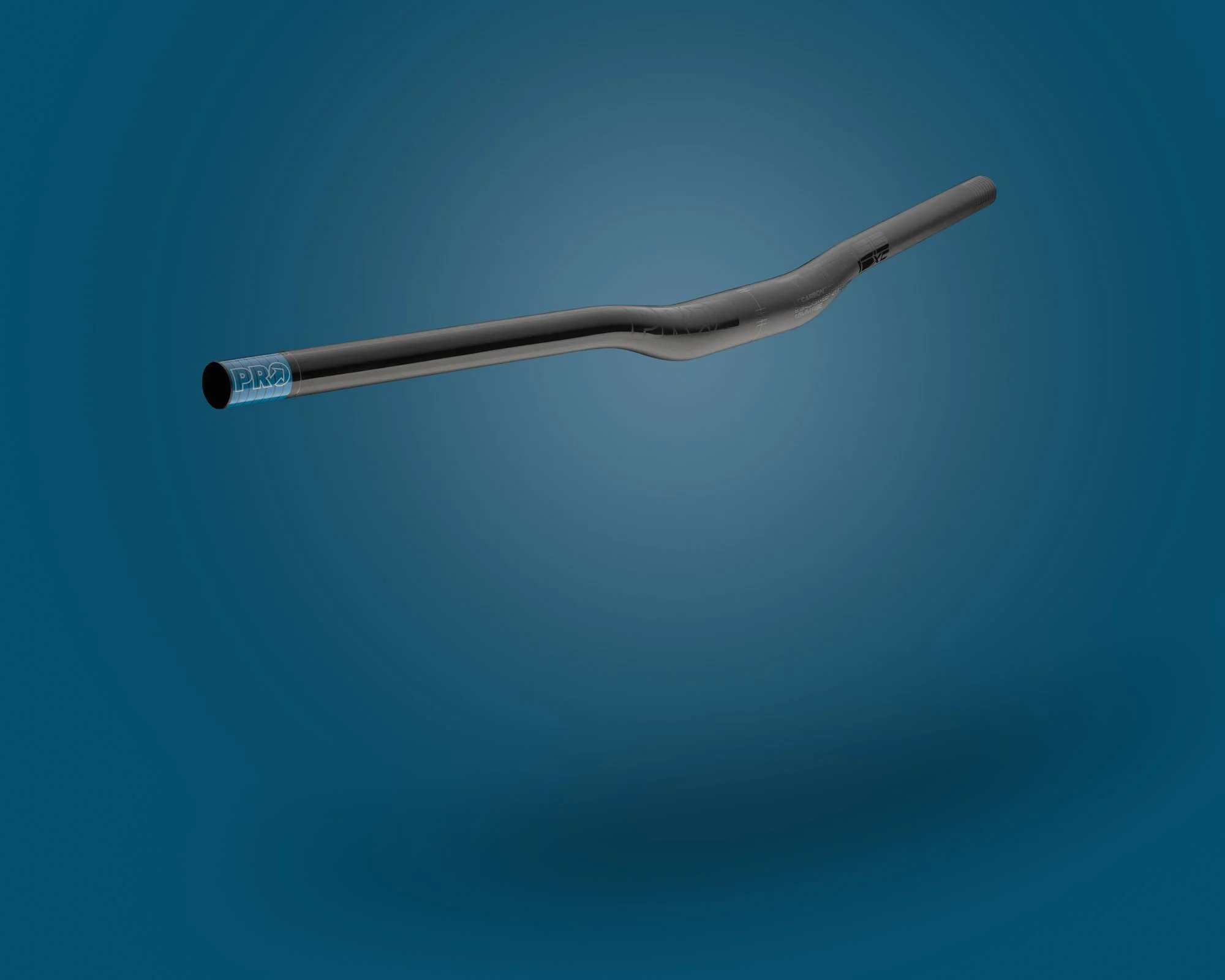 A black bicycle handlebar with a blue and white logo on one end, floating against a blue gradient background.