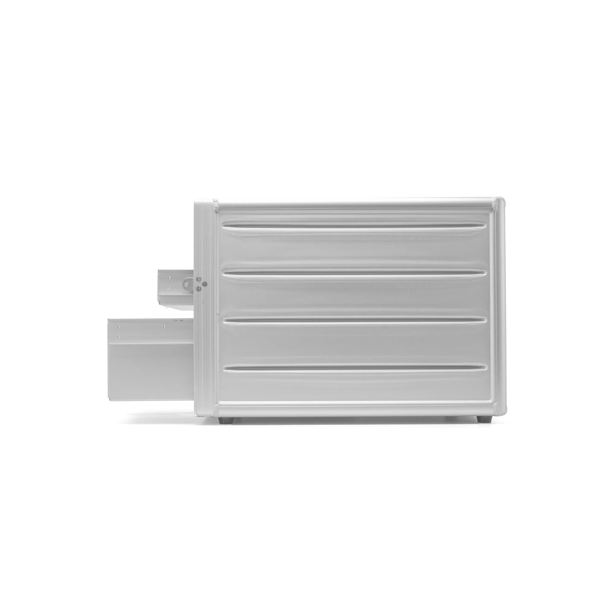 A modern, silver-colored refrigerator with a horizontal handle and a minimalist design.